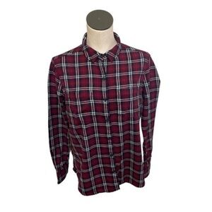 Woolrich top casual button down burgundy blue plaid cotton top Sz Large